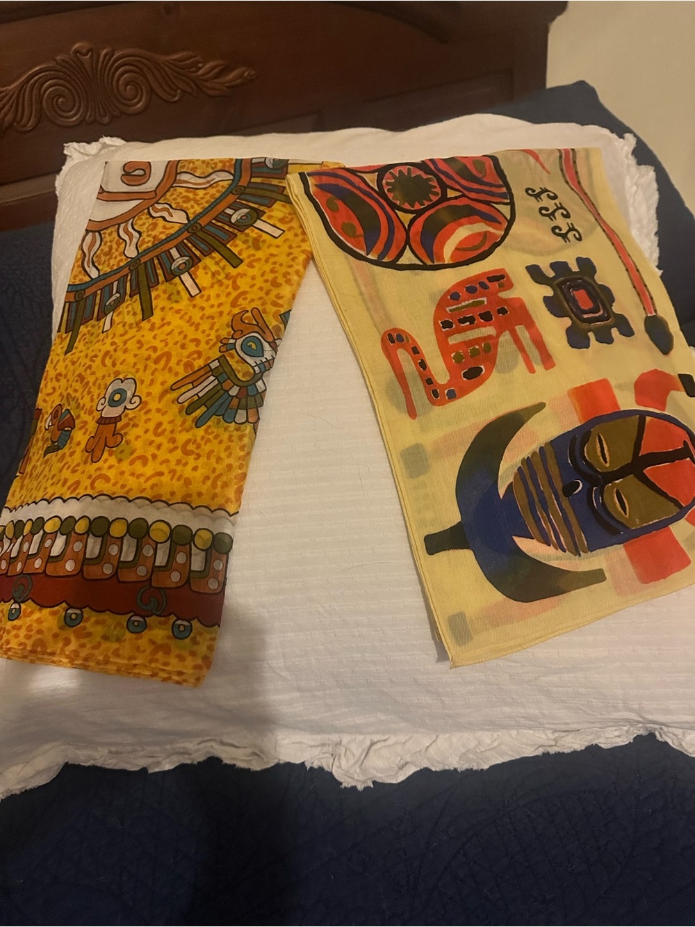 Colorful Tribal Print Scarf Pair by Ginnie Johansen. Yellow & Multicolor
